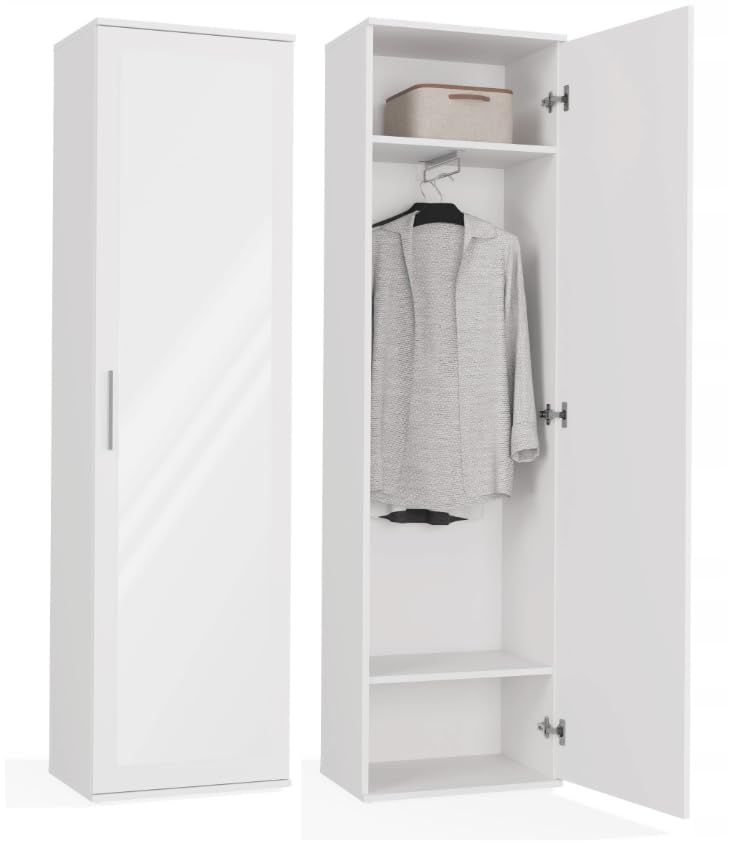 BDW Armoire double avec miroir, penderie moderne, multifonctionnelle, pour couloir, chambre à coucher, chambre d'enfant, 180 x 50 x 35 cm (blanc)