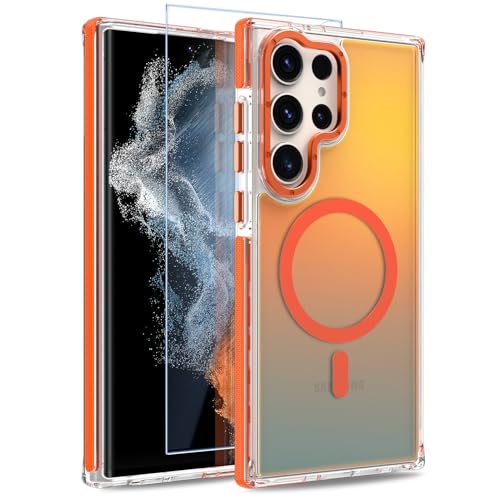 Image of Magnetic Case for Samsung Galaxy S22 Ultra [Compatible with Magsafe] [Cute Fashion Fluorescent Design] [1 Screen Protector] Slim Translucent Matte Case for Galaxy S22 Ultra 6.8 inch, Orange