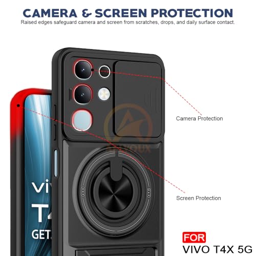 Image of Vivo T4X / Z10X / Y31 Pro 5G Back Cover | Armor Camera Slider 360 Degree Rotating Finger Ring Holder Case with Bracket Stand Back Case Cover (Compatible with MagSafe Accessories) (Black)