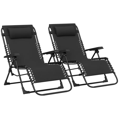 Outsunny Lot de 2 Bain de Soleil, Chaise Longue Pliante avec appuie-tête en textilène, transat Jardin extérieur inclinable de Plage Camping Piscine...