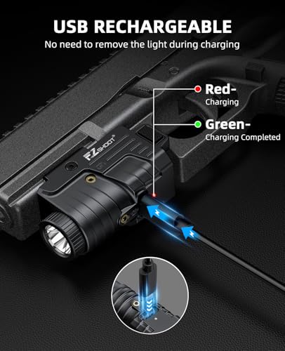 Image of EZshoot 800 Lumens Pistol Light Laser Combo Rechargeable, Pistol Flashlight with Slidable Rail Compatible with Glock and Picatinny Rail, Gun Light with Green Laser Beam