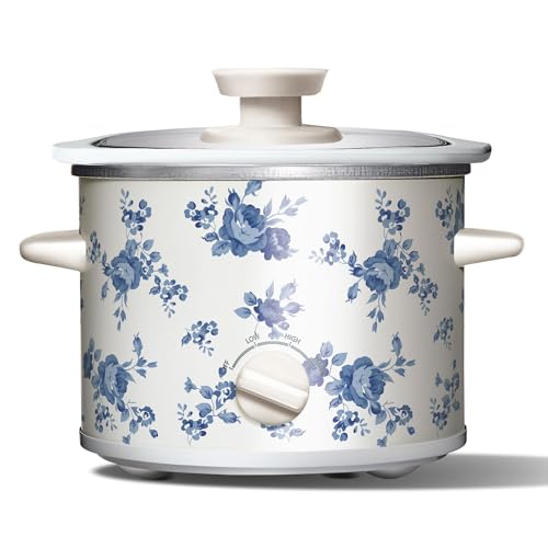 Image of COOK WITH COLOR 2QT Mini Electric Round Slow Cooker - Adjustable Settings, Removable Stoneware Pot, Tempered Glass Lid, Dishwasher Safe, Cool-Touch Side Handles, Floral Blue