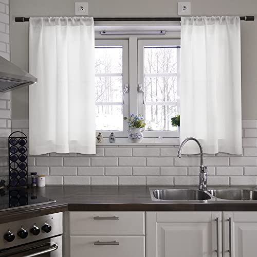 Meetbily Linen Textured Semi Sheer Kitchen Tiers Curtains 36 Inches Long Small Kitchen Window Curtains Rod Pocket Cafe Curtains Drapes For Bathroom Laundry Room Rv(2 Panels, White,30" W X 36" L) #TOP5