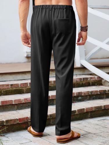 Image of Runcati Mens Casual Pants Elastic Waist Lightweight Loose Pleated Slacks | Summer Beach, Yoga Trousers, Button Closure, Straight Leg, With Pockets, Solid Color