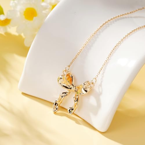Bow Necklace for Women 14K Gold Plated Bowknot Dainty Bow Pendant Chain Necklace Fashion Jewelry Gifts