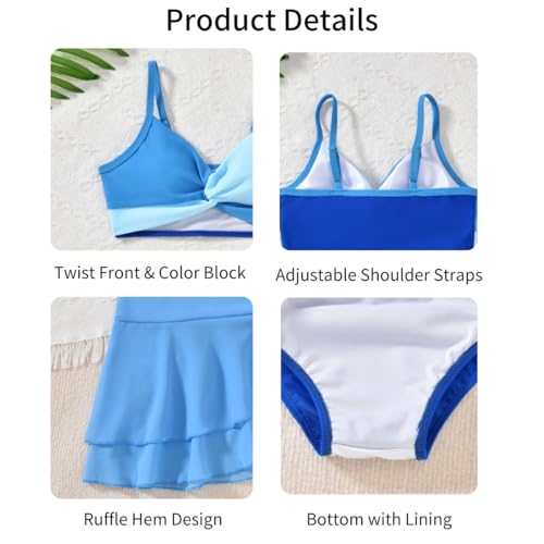 Image of HIHA Girls Swimsuit 3 Piece Bikini with Cover Up Skirts Size 6-12