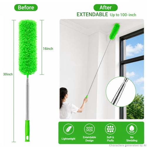 Image of AZUN Microfiber Duster for Ceiling Fans, 30-100 in Telescoping Pole, Green | Microfiber traps dust. Long duster for high ceilings. Cleans ceiling fans, blinds and cobwebs. Washable and reusable.
