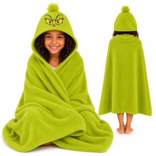 The Grinch Hooded Wrap Blanket Soft Green Fleece with Novelty 3D Hood & Pompom - Cozy Wearable Throw - Size 120x150cm