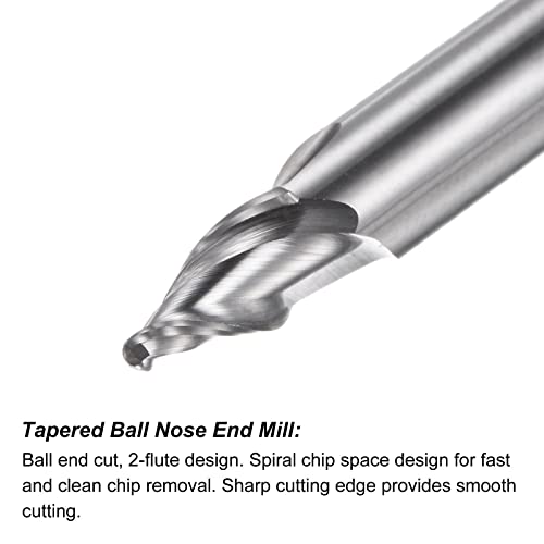 Image of uxcell Tapered Ball Nose End Mill, Uncoated Solid Carbide 2 Flute Spiral Milling Cutter, 0.75mm Radius, 1.5mm Diameter, 6mm Shank, 45mm Length, 30 Degree Angle