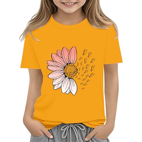 Girls Loose Fit Sunflower Graphic T Shirts Short Sleeve Crewneck Cute Pattern Printed Tops Kids (B-Yellow, 12-13 Years)
