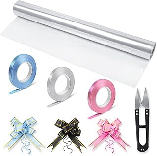 HTHL Clear Cellophane Wrap for Hampers, Cellophane Gift Wrapping Roll with 30 Pull Bows,3 Ribbon Rolls, and Scissors for Florist Bouquet Easter Valentine & Birthday Basket Gifts Boxes (30M x 40CM)