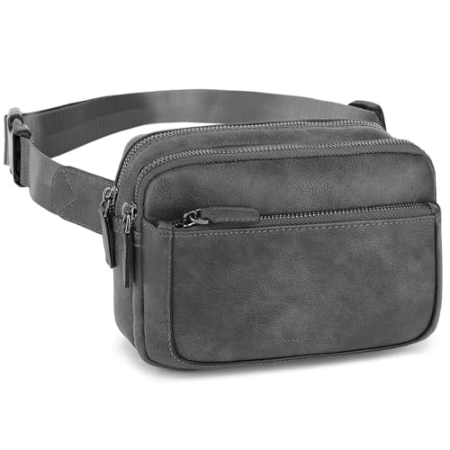 Fanny Packs for Women, Leather Vegan Belt Bag Crossbody Waist Bag Adjustable Strap, Large Fashion Everywhere Belt Bag, Grey
