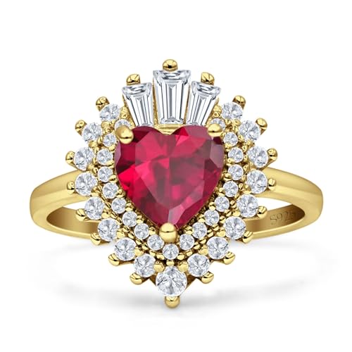OMRANII Art Deco Heart Shaped Halo Baguette & Round Cubic Zirconia Bridal Cocktail Wedding Engagement Promise Ring Solid 925 Sterling Silver