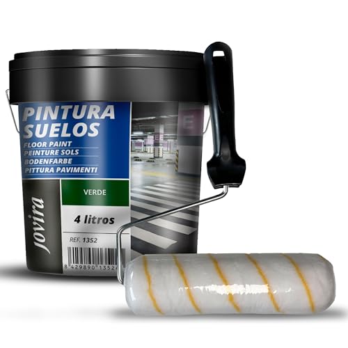 JOVIRA PINTURAS- 6 Chilo - Pittura per pavimenti esterni ed interni, garage e superfici sportive in genere + Rullo Antigoccia 22 cm (4 Litri, Verde + Rullo Antigoccia) B-13