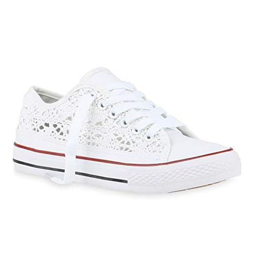 stiefelparadies Damen Sneaker Low Turnschuhe Schnürer Spitzenstoff Schuhe Modische Stoff Freizeitschuhe 184949 Weiss Spitze 36 Flandell