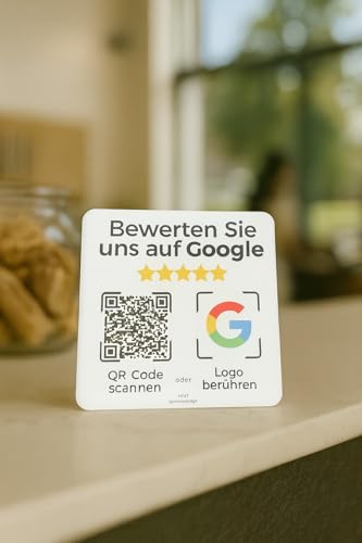Aufsteller/Aufkleber-Karte für Google Bewertungen - mit QR-Code und NFC - 6x6 cm (5x Pack-weiß-Deutsch)