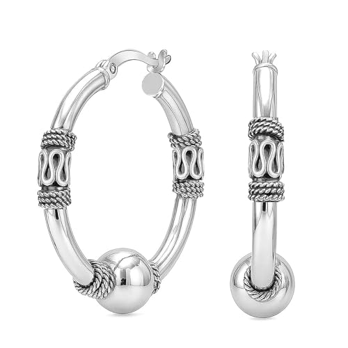 LeCalla 925 Sterling Silver Lightweight Bali Hoop Earrings for Women | Click-Top Bali Bead Rope Twist Hoop Earrings | Women's Silver Hoops Earring 30MM