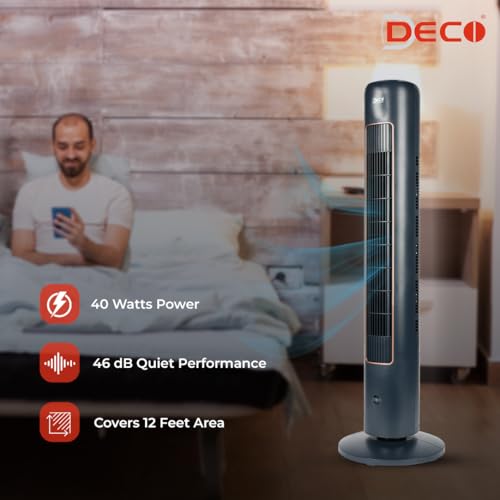 Image of DECO Zephyr Indoor Tower Fan with Touch Remote (Dark Blue, 40 W) | 3 Wind Modes, 3 Speed Settings | Internal Oscillation, Large