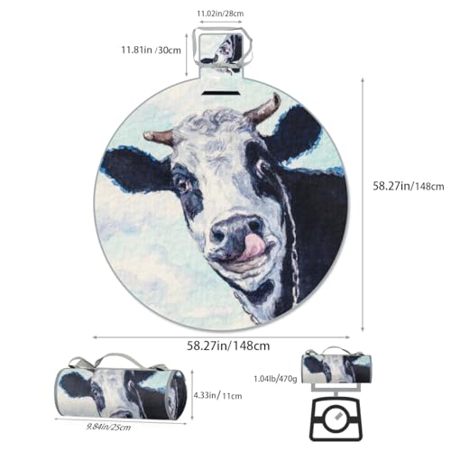 Shimoshe Watercolor Cow Picnic Outdoor Blanket Foldable Waterproof Sandproof Beach Blanket Portable Water-Resistant Round Picnic Mat for Travel Camping Park Lawn