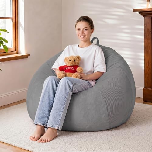 Image of HABUTWAY 2FT Bean Bag Chair Teardrop Bean Bag Chairs for Adults beanbag with Memory Foam Filled with Dual-Tone Unique Combination Corduroy & Luxury Distressed Velvet Washable Cover,Corduroy Dark Grey
