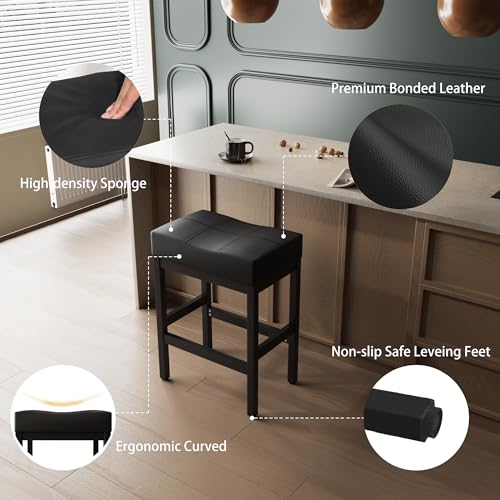 Butacos de bar negros BOSHIRO, juego de 2 sillas altas con superficie curva, asientos acolchados gruesos y reposapiés, sillas para desayuno en sala, cocina o bar miniatura 4