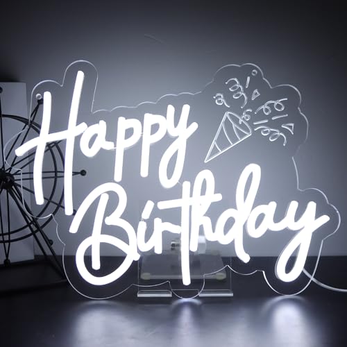 Image of Happy Birthday Neon Sign LED Happy Birthday Light Up Sign Wall Decor for Birthday Party Backdrop Cake Tables Room Gift Art for Boys Girls-14.5 x 12.2 IN-Dimmable USB Powered-Acrylic