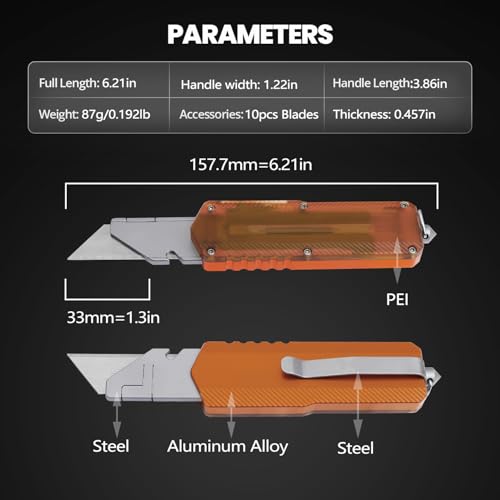 Image of Aluminum Alloy Utility Knife, Retractable Box Cutter Pocket Knife Replaceable Blade EDC Razor Knife with 10pcs Blades (ORANGE)