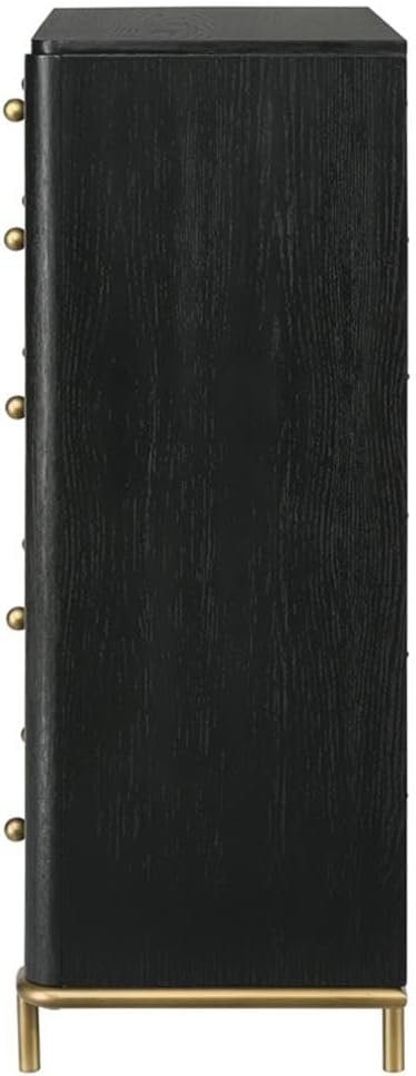 Pemberly Row 5-Drawer Wood Bedroom Chest, Black Finish, 50.25" H x 38" W x 18" D, Asian Hardwood with Ash Veneer, Felt-Lined Top Drawer, Gold Knob Hardware, Vertical Dresser for Bedroom Storage