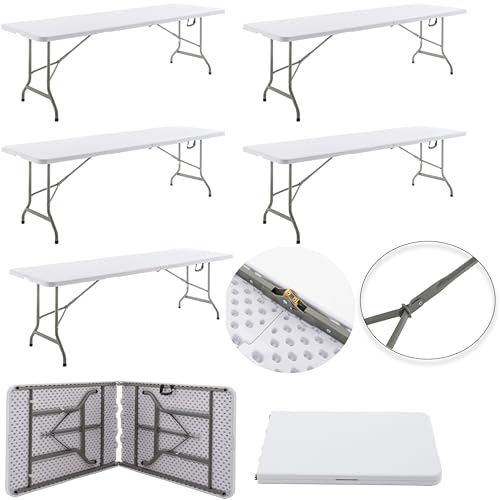 Image of BTEXPERT Set of 5, 8-Foot - 96 inch Long White Plastic Folding Table Portable 30 inch Wide, 29 inch High, Indoor Outdoor Events Banquet Dining Party Patio