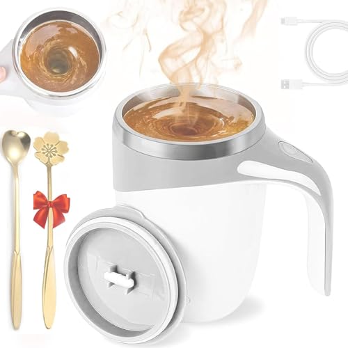 Automatic Magnetic Stirring Mug, Rechargeable Stainless Steel Stirring Cup Coffee Blender Cup with USB Data Cable*1 Spoon*2, Waterproof Mixing Cup Automatic Liquid Stirrer Jug for Tea Juice Protein