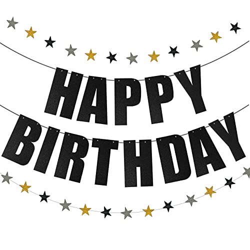 Jansong Black Glittery Happy Birthday Banner Decoration Kit With Hanging Star Bunting Gold Glittery Grey Black Star Garland For Birthday Party Decorations Supplies #TOP10