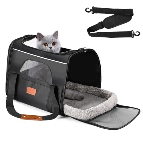 Alitree Katzentransportbox,Transportbox für Katzen mit verstellbarem Schultergurt,Haustiertransporter mit Sicherheitsreißverschlüssen，mittelgroße Katzen und Welpen bis zu 9 kg,atmungsaktiv und faltbar