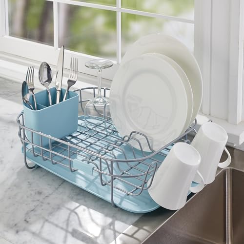Image of KitchenAid Low Profile Compact Dishrack with Removable Flatware Caddy and Angled Self-Draining Board, Rust Resistant Wires, 12.59 x 17.55 x 6.29 Inch, Mineral Water