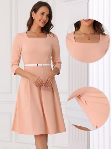 Image of Allegra K Work Dress for Women's Square Neck 3 /4 Sleeve Belted Wedding Guest Church Pleated Midi Dresses