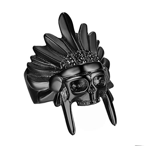 PAURO Men's Stainless Steel Vintage Indian Chief Tribe Rings Gothic Biker Skull Skeleton Wrap Bands Black Size 10