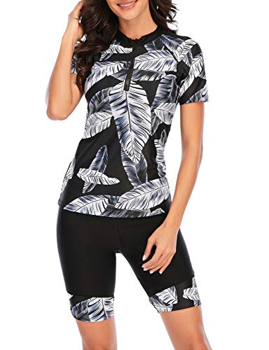 JadeRich Women's Short Sleeve Rash Guard Swimsuit Patterned Zipper Two Piece Bathing Swimwear2