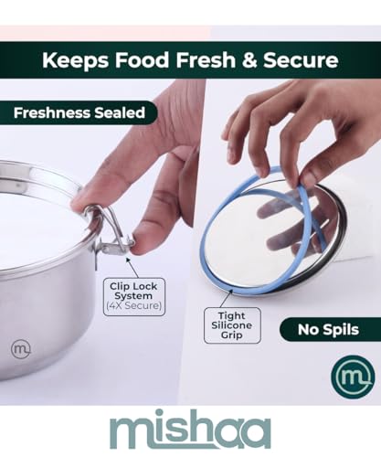 Image of Mishaa Steel Leakproof Tiffin /Lunch Box Set of 2 (350ML Each), Airtight & Spill-Proof Container for Curry & Liquid Items, Steel Lunch Box for School, College & Office, Suitable for Men, Women & Kids