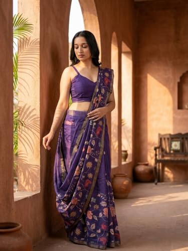 Image of SAMANTHA Black Floral Print Ready to Wear Linen Saree with Pocket & Adjustable Belt