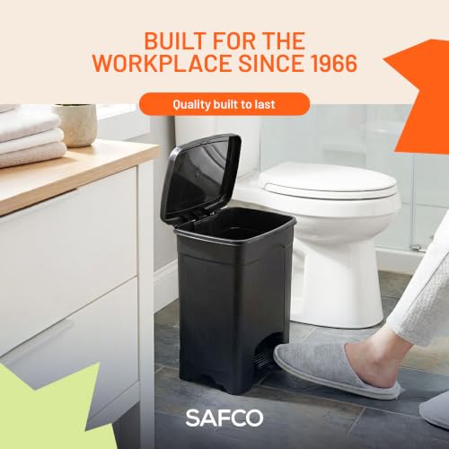 Image of Safco Step On Plastic Trash Can with Foot Pedal, 4 Gallon Garbage Can for Kitchen, Bedroom, Office, Hands Free, Black