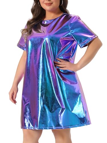 Image of Agnes Orinda Plus Size Dress for Women Metallic Round Neck Short Sleeve Party Clubwear Loose Mini T-Shirt Dress