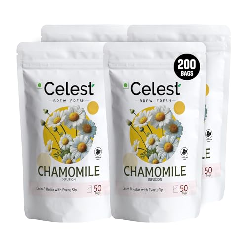 Image of Celest Chamomile Tea Bags 200 Count (50 x 4) | Pure Herbal Infusion for Relaxation & Sleep Support | Caffeine Free Beverage | Premium Pyramid Sachets | Chamomile Flower Blend | Pack of 4