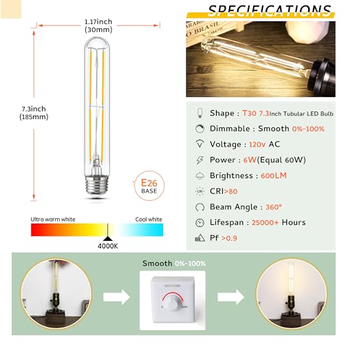Image of Tubular Light Bulb 7.3 Inch Dimmable T10 LED Bulb E26 6W 60 Watts 4000K | White Light,type T Edison Bulbs, 185mm Long for Wall Sconces, Pendant, Livingroom, 8-Pack