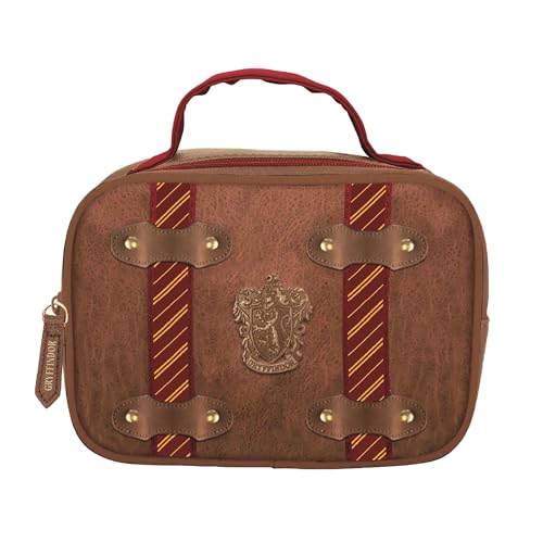 Lonchera Harry Potter Gryffindor con diseño vintage tipo baúl | Neceser térmico con escudo metálico y asa roja para escuela, trabajo o viaje