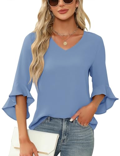 Qirno Womens Ruffle 3/4 Sleeve V Neck Chiffon Blouses Dressy Casual Flowy Tunic Tops Blue S