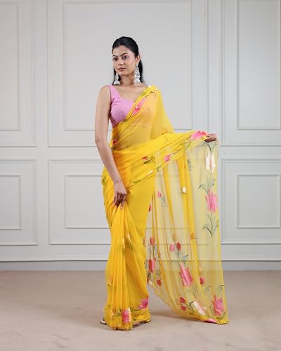 Image of Arkia Women's Yellow Hand Painted With Hand Work Embroidered Saree with Pink Accents Cut dana