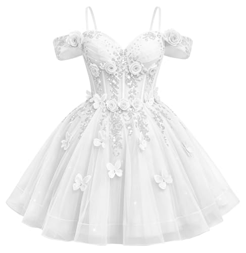 Ftupza Tulle Short Homecoming Dresses Plus Size Floral DAMA Dress 20 White