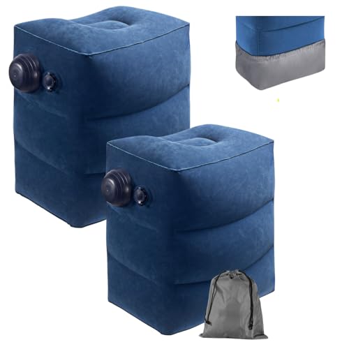 Image of Inflatable Foot Rest Pillow with Innovative No Mouth Blow Single Built In Pump Nozzle - Portable Travel Leg Support & Seat Extension for Airplane, Office, Car, Home & Camping (Pack of 2, Blue)