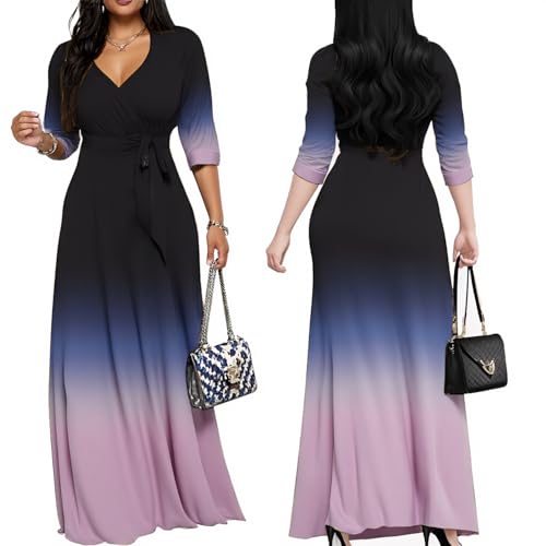 Image of Women's Church Maxi Wrap V Neck 3 /4 Sleeve Tie Waist Plus Size Long Dress | Flattering wrap V-neck design enhances curves. High elastic tie waist accentuates the slimmest part, hides tummy.