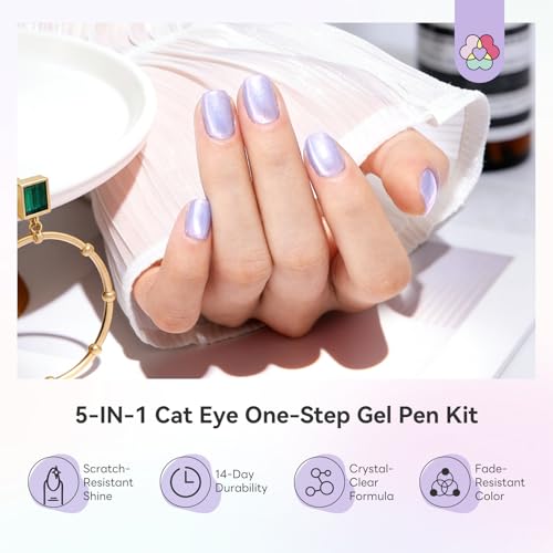 Image of SAVILAND Express One-Step Gel Nail Polish Pens Set with U V Light: 4 Colors Cat Eye 3-in-1 Gel Polish Pen Kit Base & Color & Top in One Pen Fast Curing Polarized Cateye Nail Art Beginner Travel 4ml