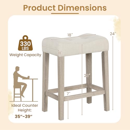 Image of Giantex 24 inch Bar Stools Set of 4, Upholstered Counter Height Saddle Bar Stools with Footrest and Wood Legs, Farmhouse Button Tufted Backless Barstools for Kitchen Island, Dining Room, Cafe, Beige